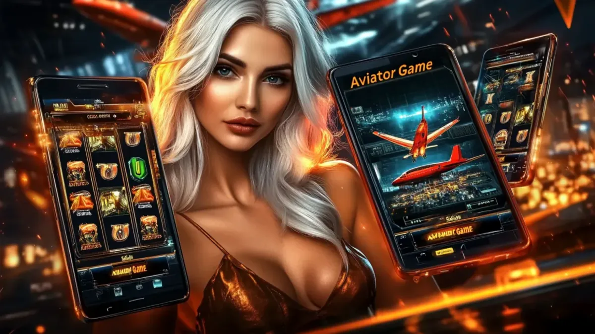 bb44 game এ Aviator গেমের প্রচারণায় এক সুন্দর সোনালি চুলের নারীর উপস্থিতি দেখা যায়, তিনি একাধিক স্মার্টফোনে গেমটির উত্তেজনাপূর্ণ ইন্টারফেস দেখাচ্ছেন।